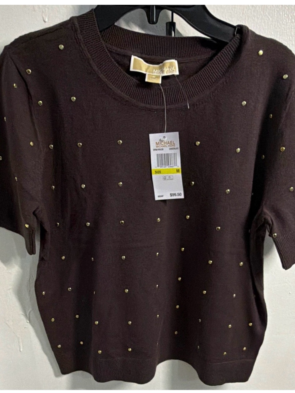 Michael Kors Brown Short-Sleeve Knit Top with Gold Studs